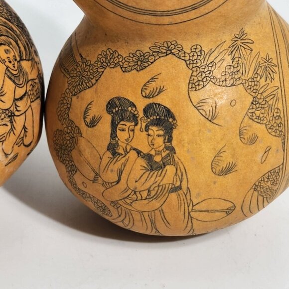 Handcrafted Etched Calabash Gourds Chinese Lanzhou Intricate Calligraphy Vintage - Picture 7 of 12